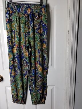 Boho Paisley Harem Jogger Pants Smocked Waist Blue Green. Verify List For Measur